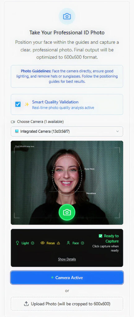 Consistent ID badge photos with cropping and framing controls